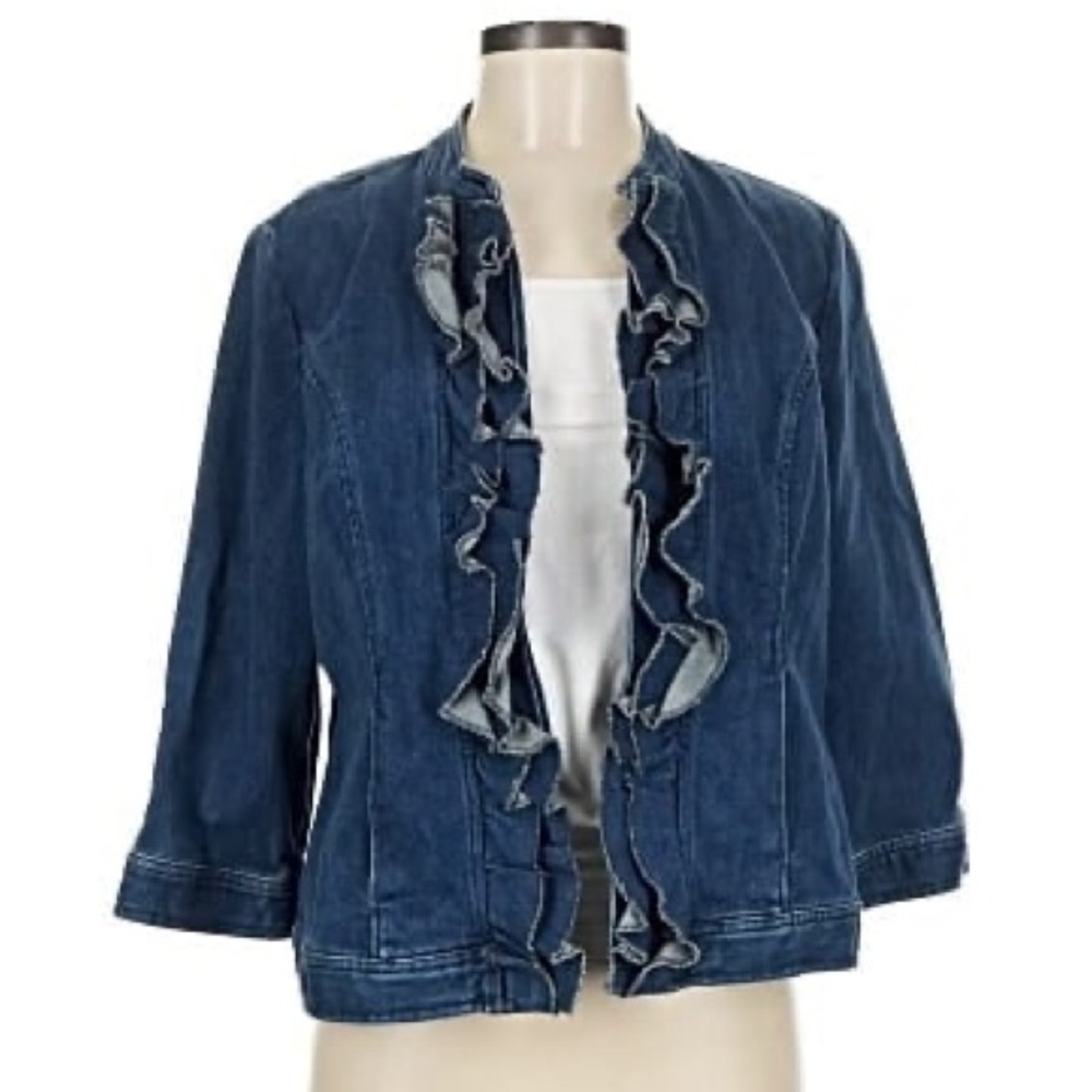 Chico's Blue Ruffle Open-Front Denim Jacket